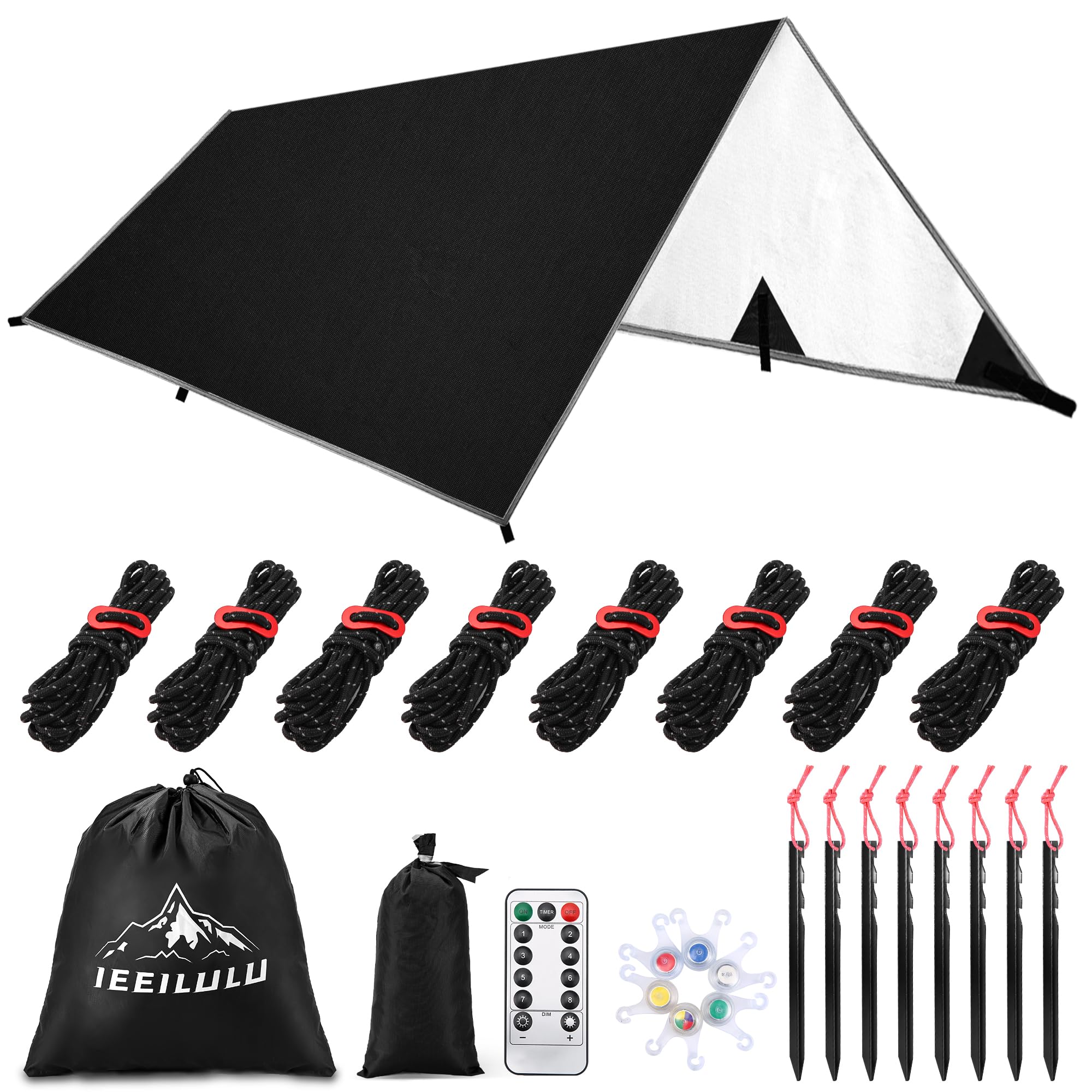 IEE ILULU Toldo de Refugio Camping, 3x3m Tiendas de Campaña, Tarp Impermeable Exterior, Anti-Viento Toldos con 6 Estacas y 6 Cuerdas para Piscina Jardín Pesca Senderismo Mochila (Negro, 3x3m)