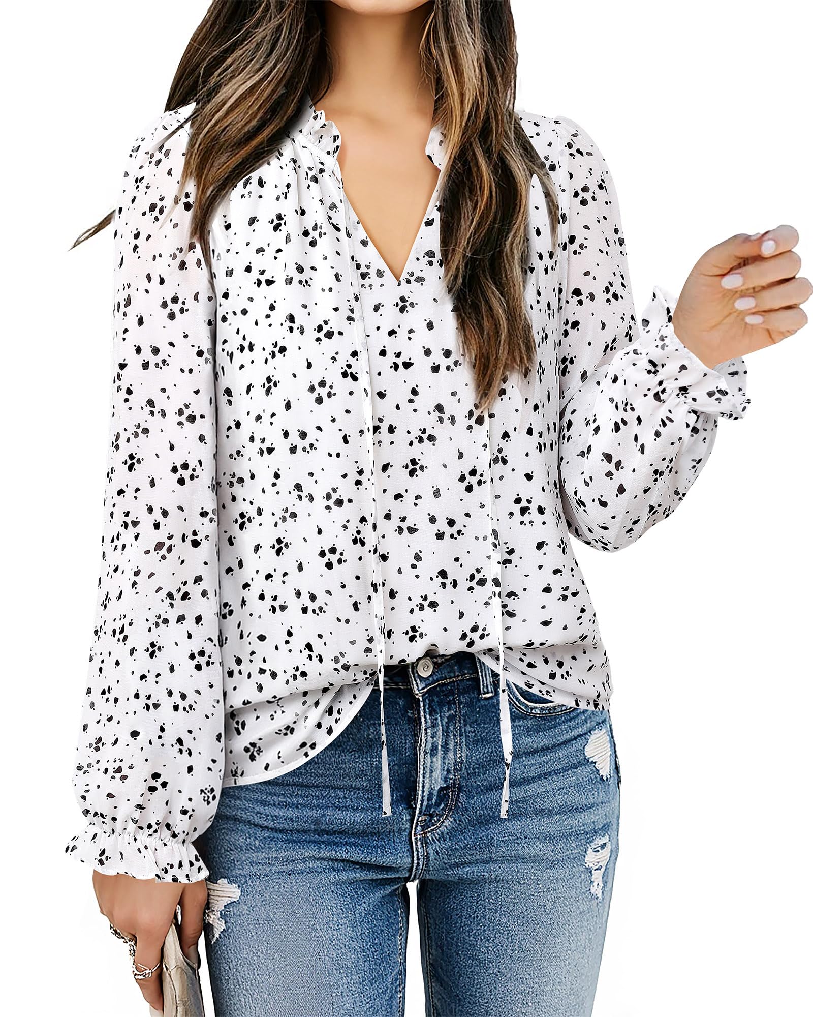 GaharuWomens Business Casual Blouses Ruffle V Neck Work Dressy Shirts Long Sleeve Chifffon Tunic Tops