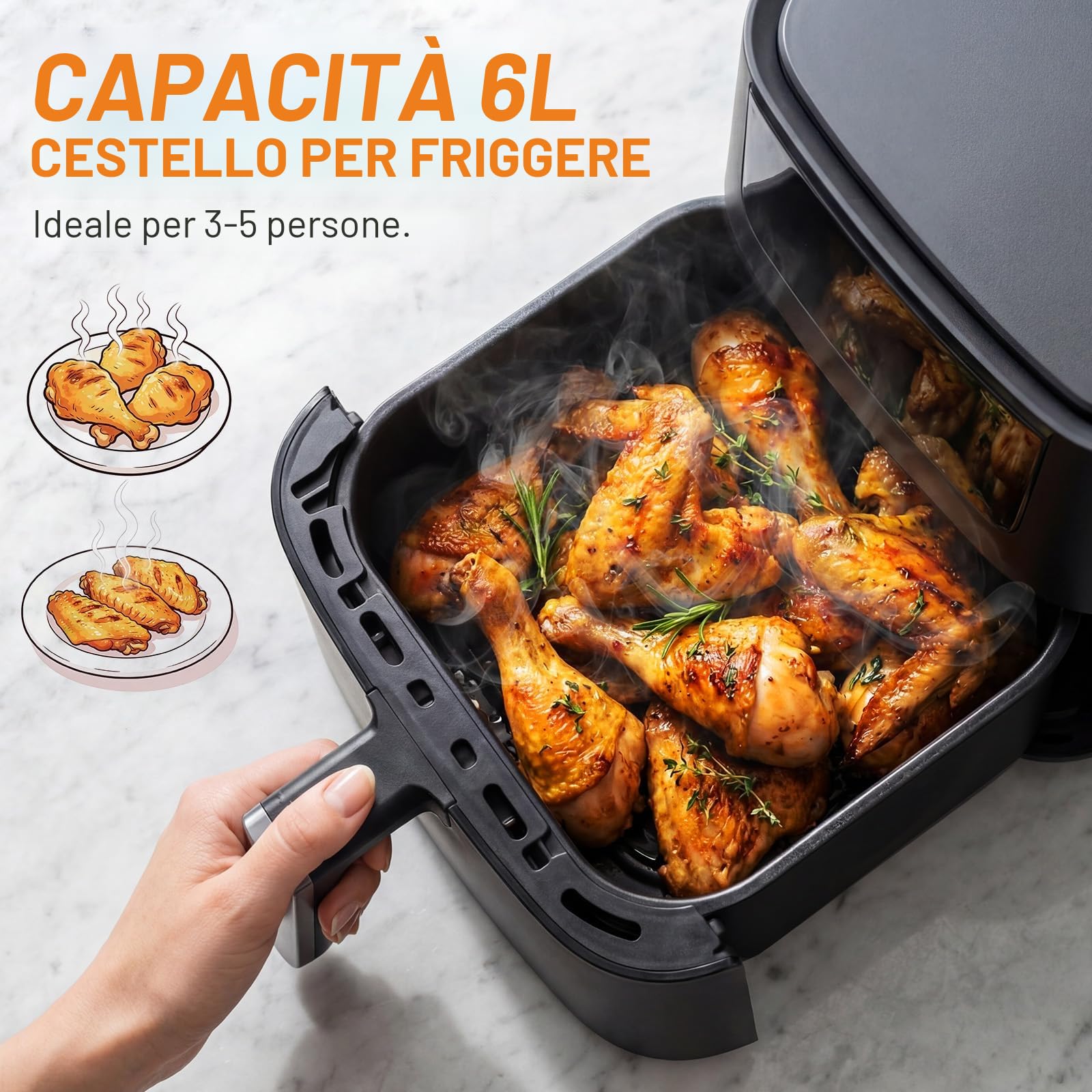 OKYUK Friggitrice ad aria 6L - Air Fryer, senza olio con interno in metallo, friggitrice ad aria calda, 8 programmi, display digitale a LED, timer, facile da usare, 80-200 °C