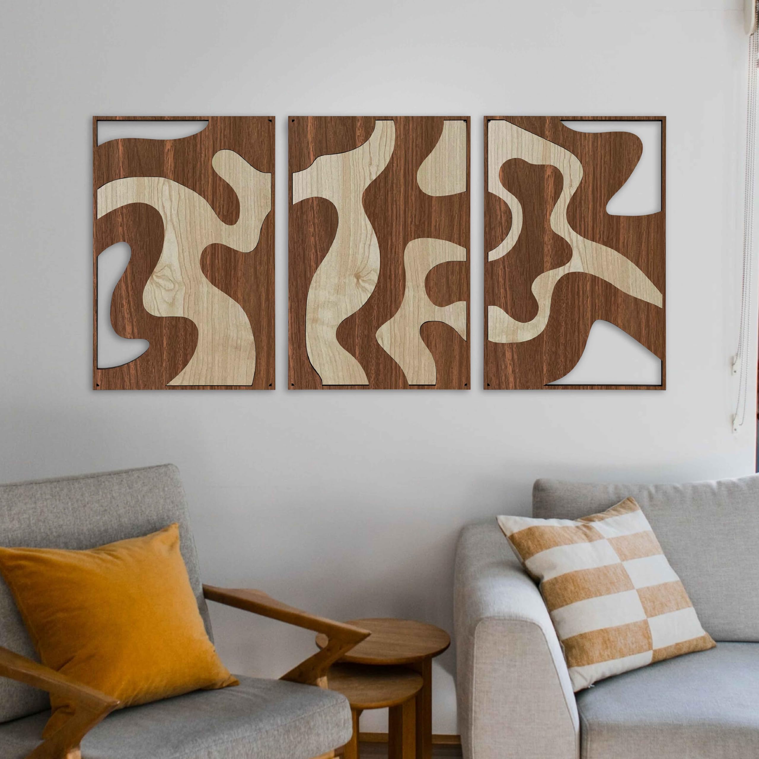 Wandkunst, neutral, strukturiertes Holz, abstrakt, organisch, groß, Wanddekoration, moderne Erdtöne, Designer-Akzente, Geschenk für Wohnzimmer und Schlafzimmer, 3 Stück