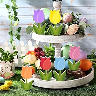 6 Pcs Easter Tiered Tray Decor Spring Decor Wooden Tulip Decorations Easter Tulip Table Signs for Farmhouse Shelf Tabletophappy Easter Party Supplies