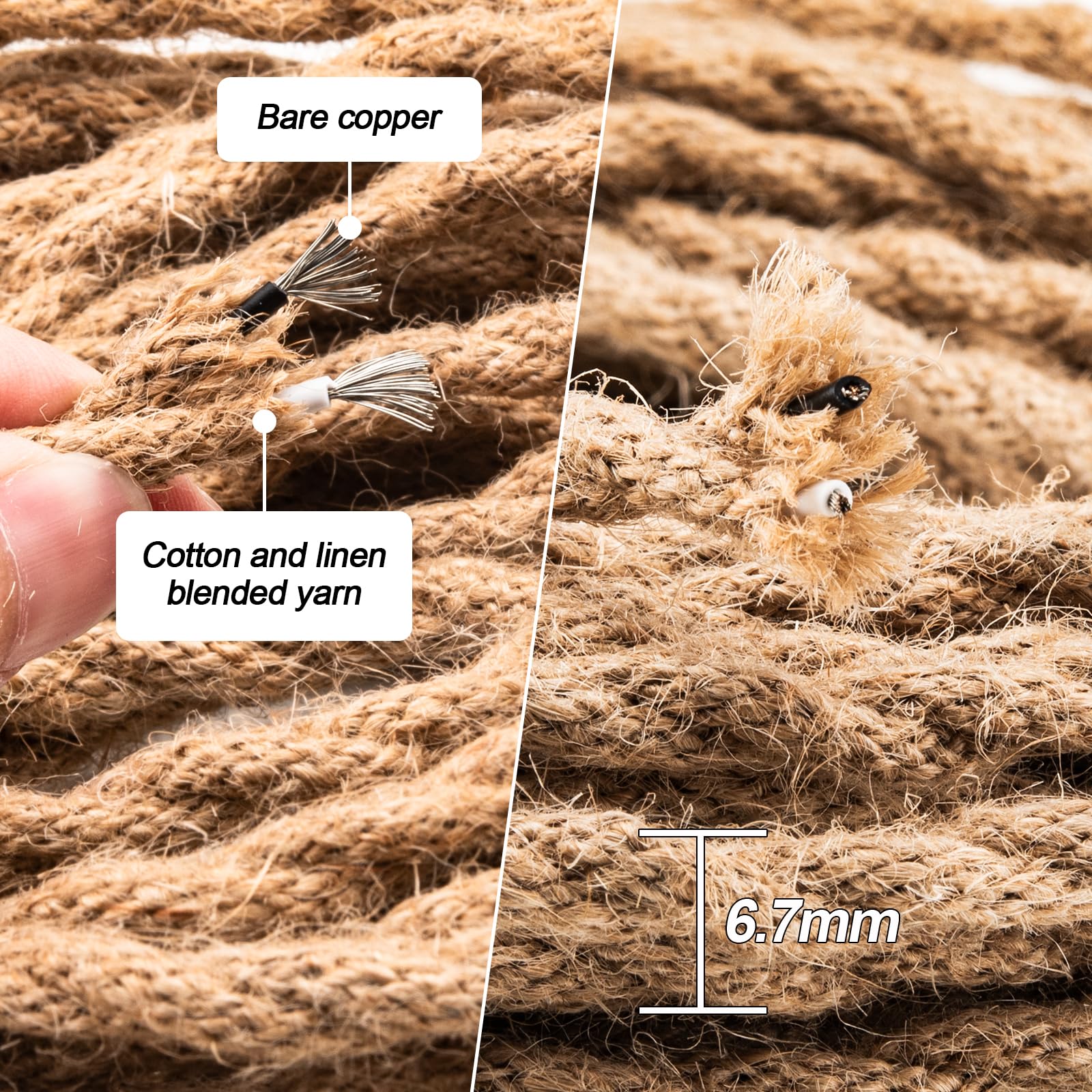 URCIANOW 32.8ft/10M Twisted Rope Light Cord 18/2 Rope Covered Twisted Wire 18-Gauge Vintage Hemp Rope Woven Wire 18 awg Antique Style Electrical Wire for Antique Lamp DIY Projects