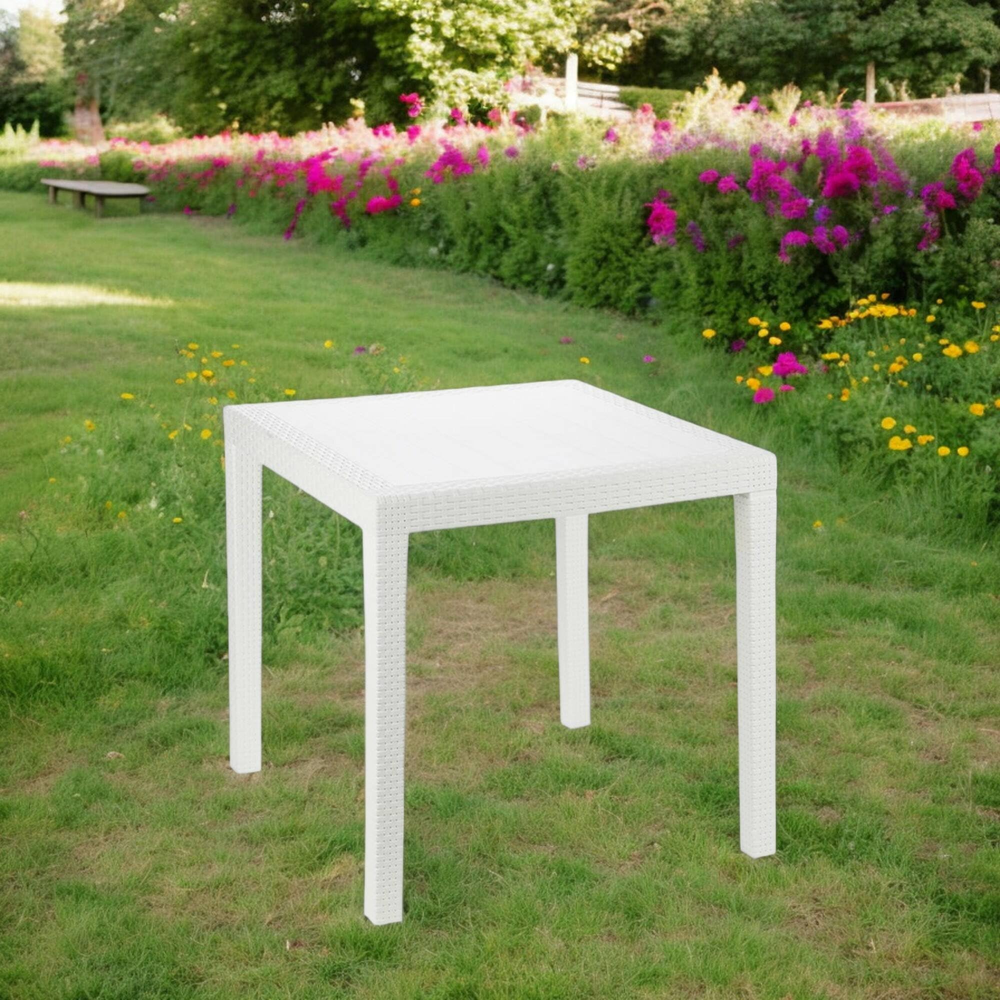 Dmora - Tavolo da esterno Agrigento, Tavolo quadrato da giardino, Tavolino fisso effetto rattan, 100% Made in Italy, 79x79h72 cm, Bianco