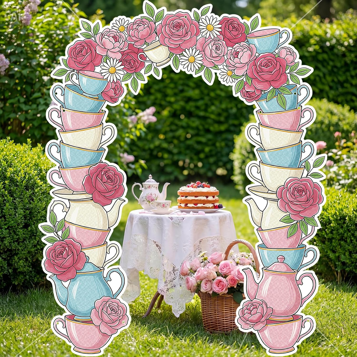 Tea Party Door Banner Floral Teapot and Teacup Arch Vintage Door Cover Pink Rose Teacup Stack Hanging Backdrop Tea Party Supplies for Birthday Baby Shower Wedding Bridal Shower Garden Party Favors