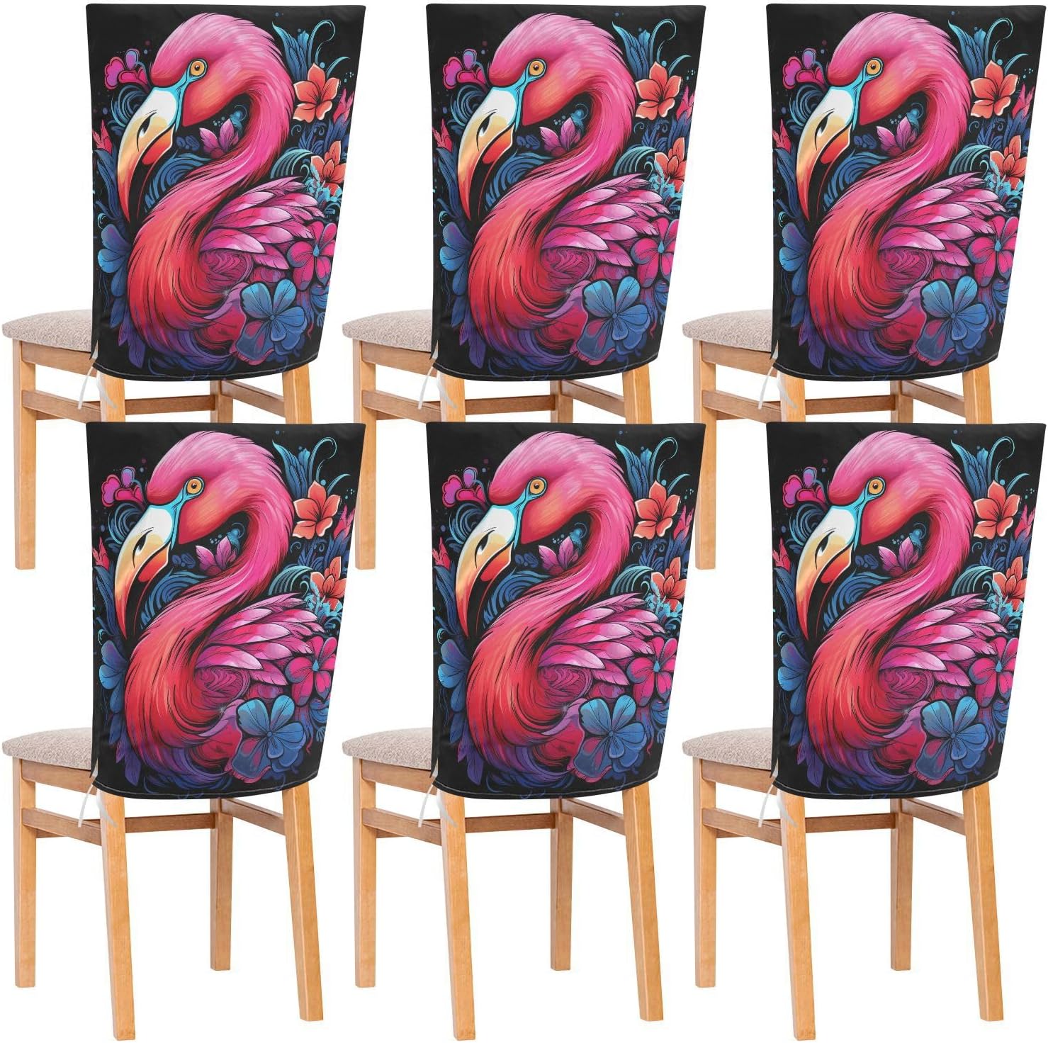 ALAZA Flamingo Florals Chair Back Cover Set of 6, Washable Reusable Removable Chair Slipcovers Decorative Chair Cover for Home Kitchen Wedding Party