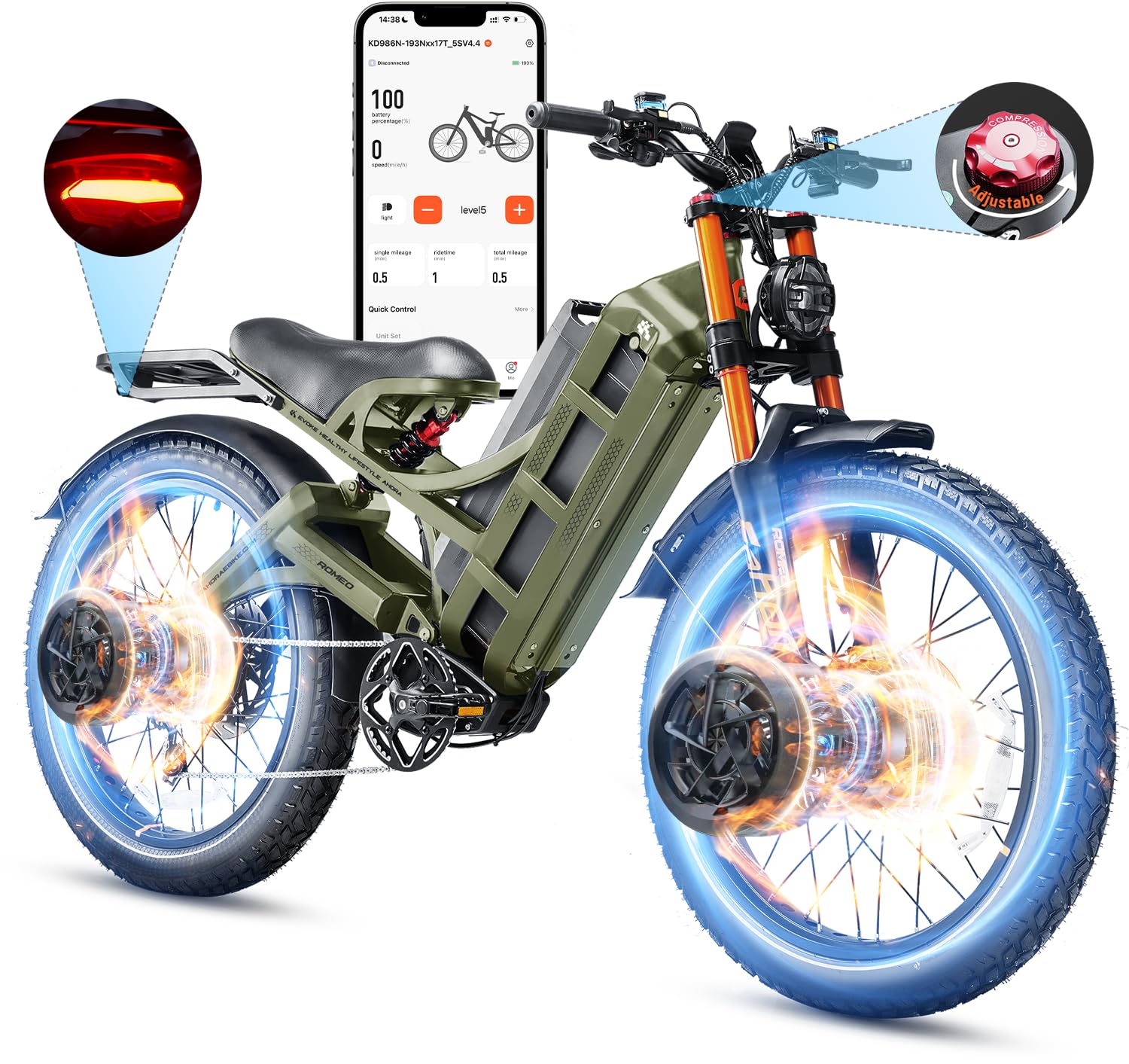 eAhora 2025 Romeo Pro 3/ Pro 2 5600W/ 4000W 46-50MPH Dual Motor Electric Bike for Adults, 80/70Ah/200+ Miles Long Range Electric Bike, 26'' Puncture-Proof Tire, 7-Speed Pedal Assist UL Certificate