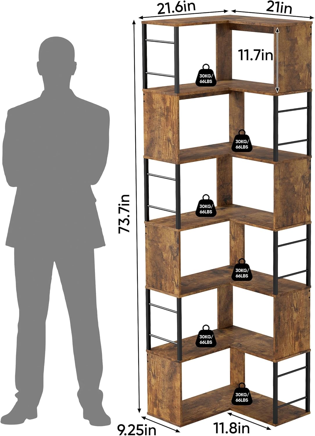 7-Tier Corner Bookshelf 73.6 Inches Tall Corner Bookcase Industrial Wood and Metal L Shaped Bookshelf Large Storage Display Rack for Living Room, Home Office, Rustic Brown
