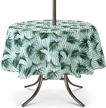 UMINEUX Outdoor Tablecloth with Umbrella Hole and Zipper, Spring/Summer Waterproof Table Cover for Picnic/BBQ/Garden60" Round,Bamboo Leaf