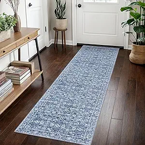 2x7 Blue Washable Runner Rug for Hallways, Soft Classic Kitchen Rugs with Non-Slip, Non-Shedding Distressed Floral Rug for Hallway Entryway Bedroom Bathroom Laundry Indoor