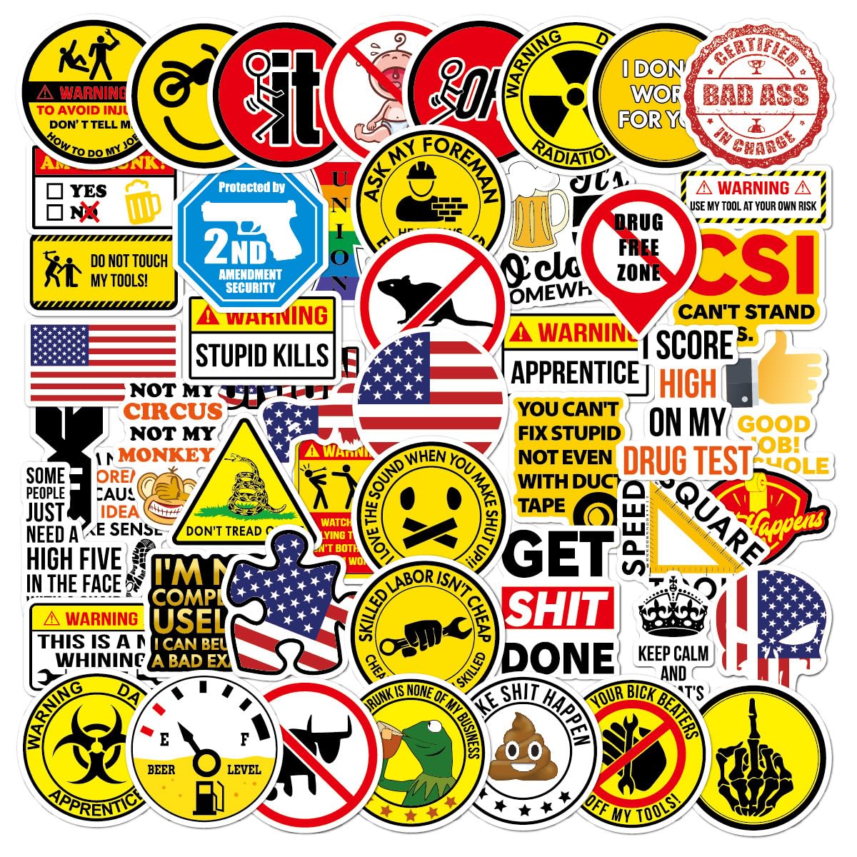 WONDER HUB Warning Sign Waterproof Vinyl Sticker for Laptop Theme | Bike | Helmet |Diary| Guitar| Mobile | Scrapbook | Skating Board | Journal (Pack of 50)
