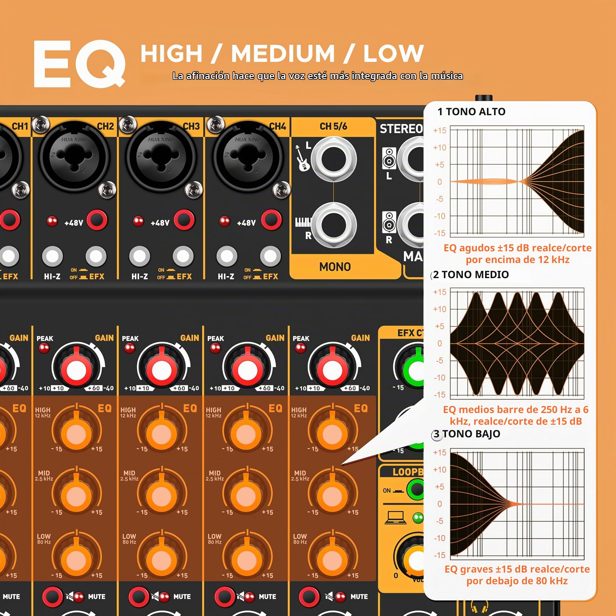 Mini6 Mezclador de Audio Profesional para DJ – 6 Canales, Interfaz USB, Bluetooth y Phantom Power 48V – Ideal para Streaming, Podcast y Eventos en Vivo