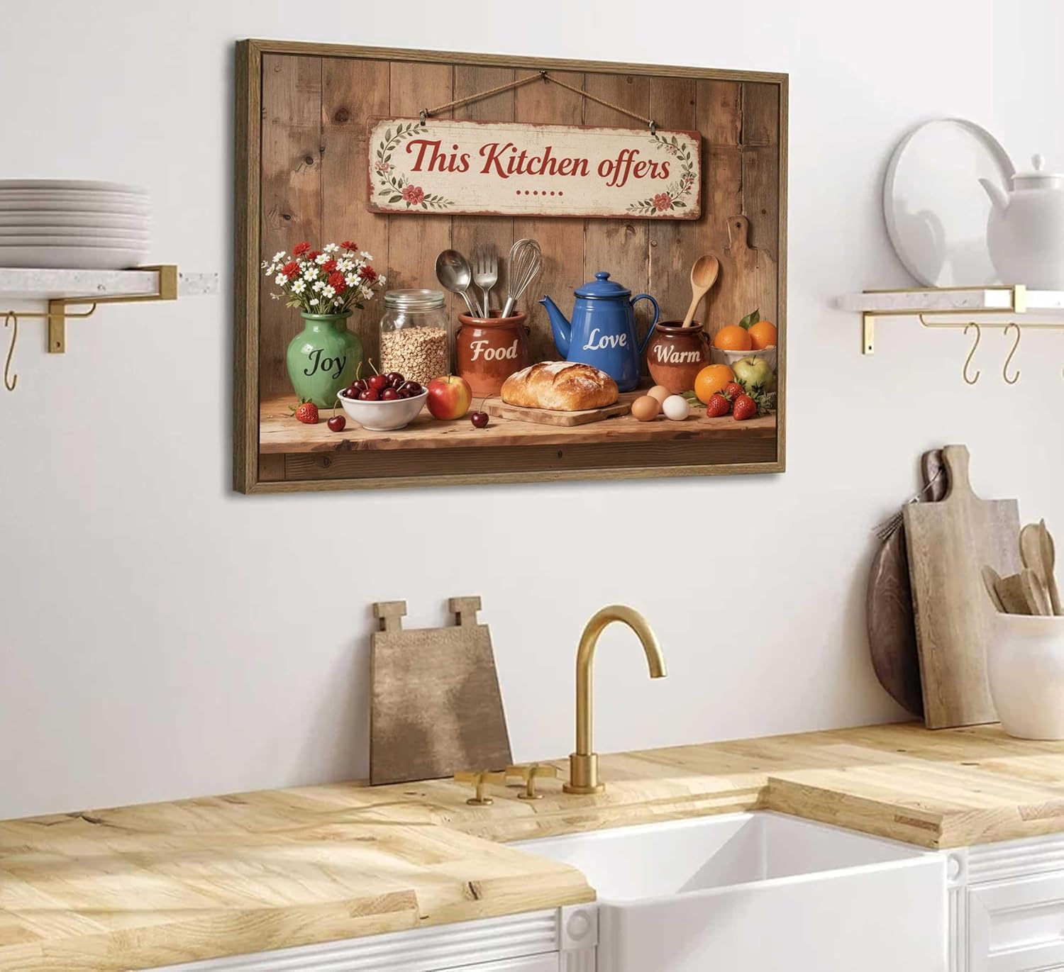 Country Kitchen Food Still Life Canvas Wall art Vintage Rustic Farmhouse This Kitchen Offers Food Love and Joy Painting Picture Wall Decor Poster Print Artwork for Dining Room Home Decoration