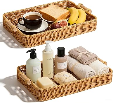 2-Pack Large Rectangular Faux Rattan Serving Tray with Wooden Handles Durable Woven Plastic Style for Kitchen, Dining, Picnics & Decor, Easy to Clean