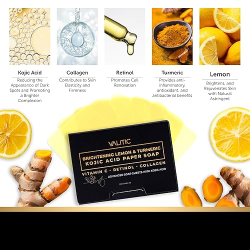 Miniatura 7 de VALITIC Brightening Jabón de papel de ácido kójico de cúrcuma y limón, vitamina C, retinol, colágeno, complejo japonés original, ácido hialurónico,