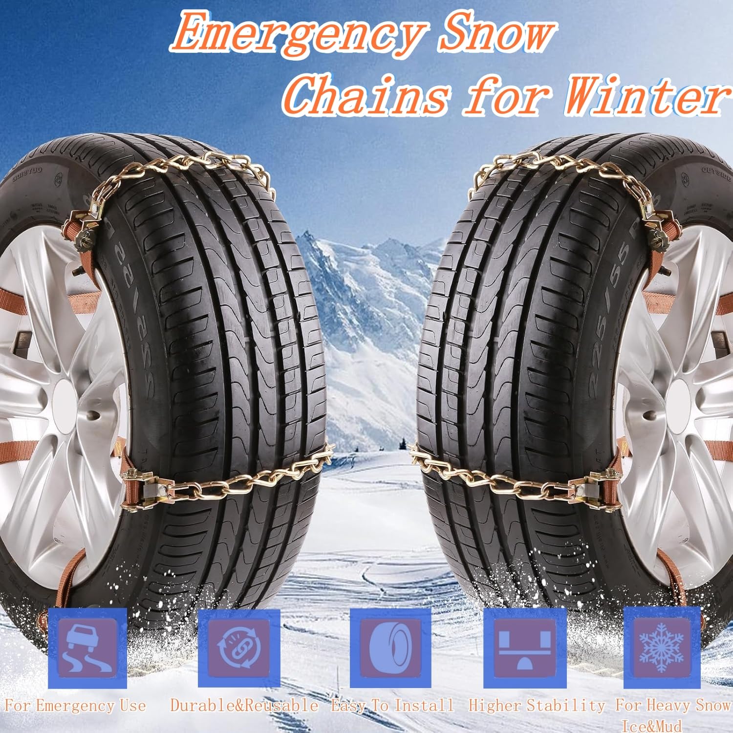 Lot de 8 chaînes à neige d'urgence pour pneus de voiture - 165-285 mm - Pour voiture, camion, SUV, routes enneigées - Avec pelle à neige en plastique et gants