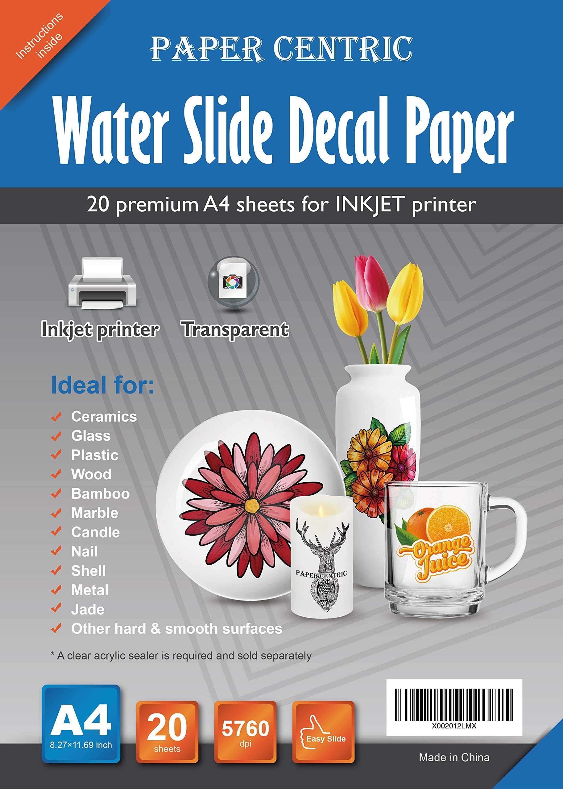 Paper Centric, Waterslide Decal Paper Inkjet Clear - 20 Sheets A4 Size Premium Transparent Water Slide Decals Transfer Paper