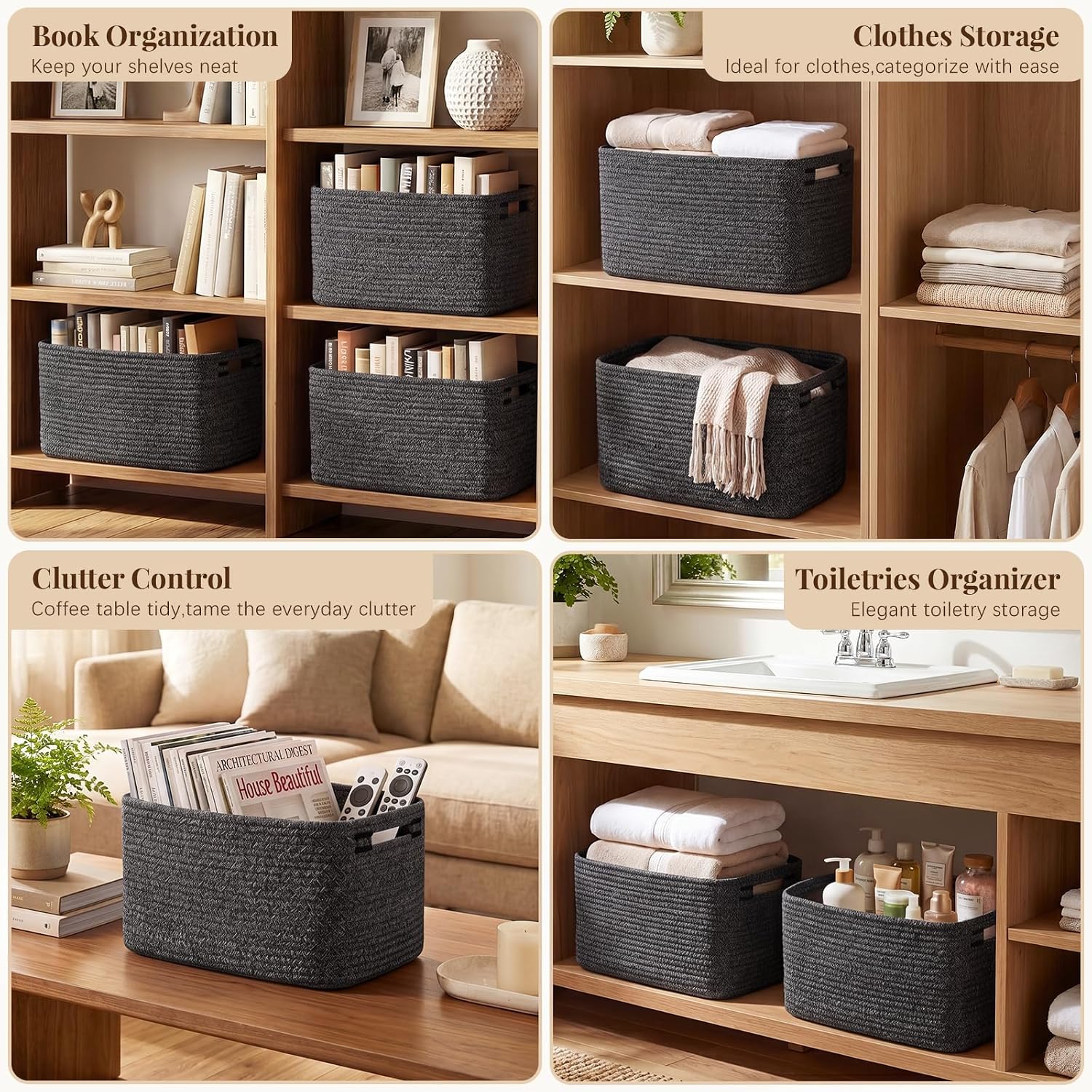 OIASKET 4Packs Natural Cotton Rope Storage Baskets for Organizing Toys, Clothes, Towels & Books, Soft Versatile Organizers for Shelves, Home Decorative Bins, 13''Lx9''Wx7.8''H, Black and White image 5