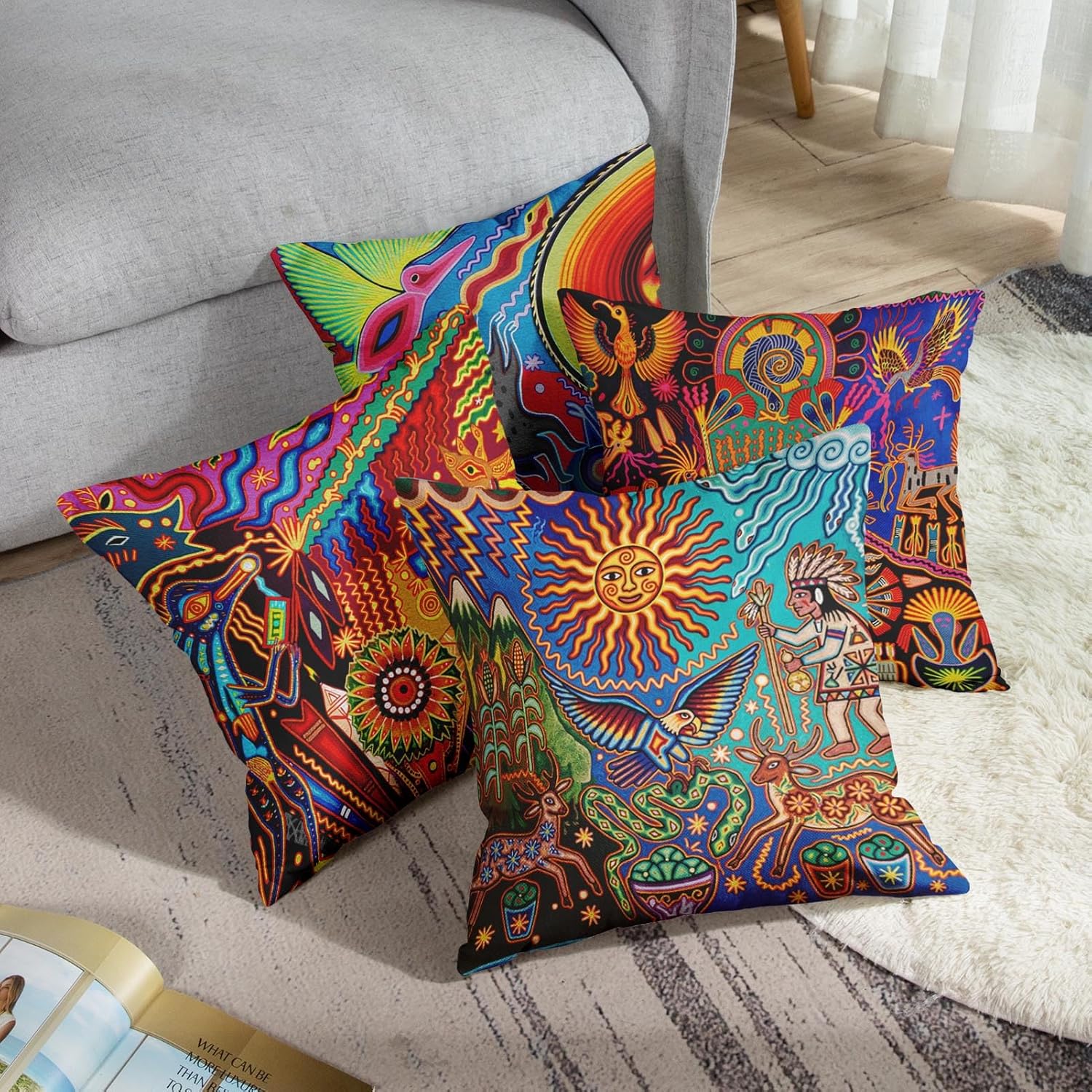 Sanwarm Throw Pillow Covers Home Decor Set of 4 Pillow Cases Decorative 18 x 18 Inches Outdoor Cushion Couch Sofa Pillowcases Colorful Boho Circle Doodle Ethnic Leaf - Image 6
