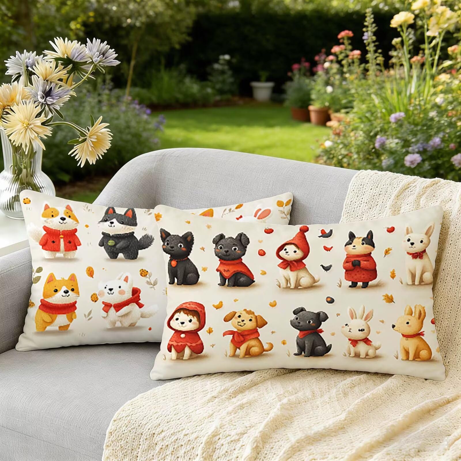 Housses de coussins rectangulaire 40 x 80 imperméables en velours motif chien pour l'extérieur