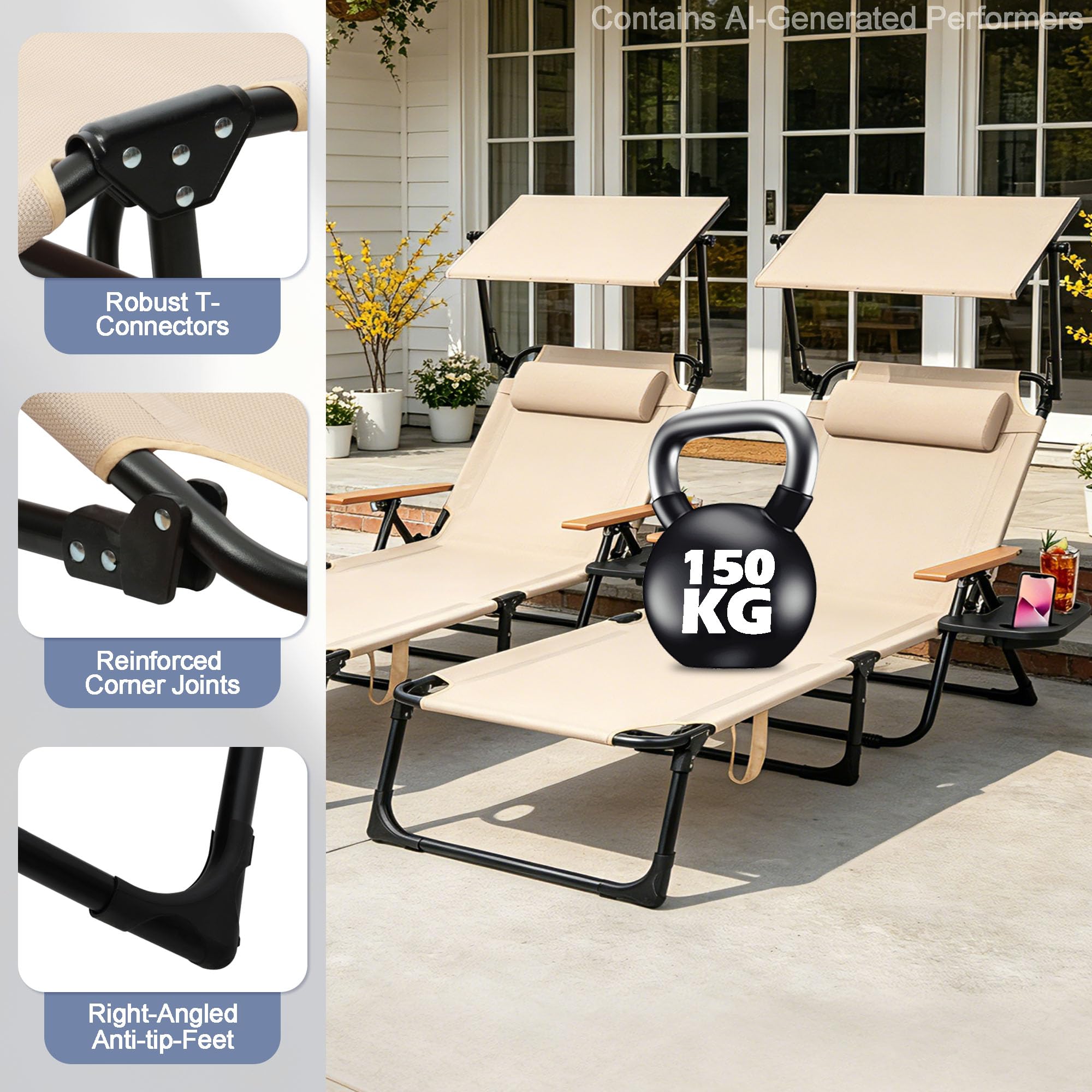 Sonnenliege Klappbar Wetterfest, 4-Fach Gartenliege mit Sonnenschutz & armlehne, Garten Liege mit Kopfkissen und Getränkehalter, Camping Liegestuhl für Garten, Terrasse, Pool (Beige)