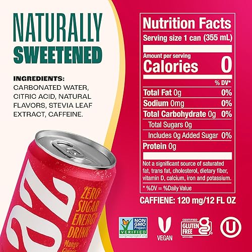 Miniatura 2 de Zevia Zero Calorie - Bebida energizante Mango Ginger latas de 12 onzas paquete de 12