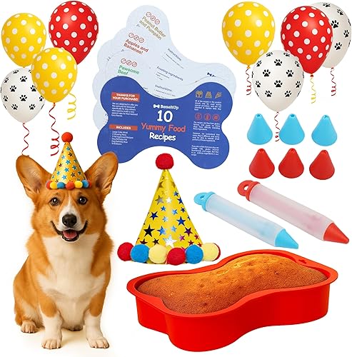 BoneItUp Kit de pastel de cumpleaños para perros, pasteles de cumpleaños para perros, juego de suministros para fiesta de perros con molde para