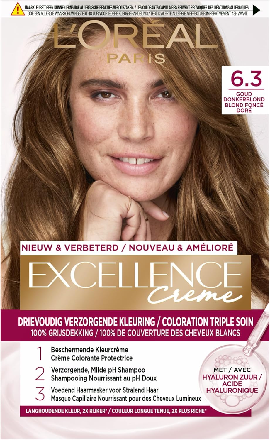 L’Oréal Paris Excellence Crème Donker Goudblond 6.3 – Permanente Haarkleuring – Bevat beschermende crèmekleuring, een zachte pH shampoo en een voedend haarmasker