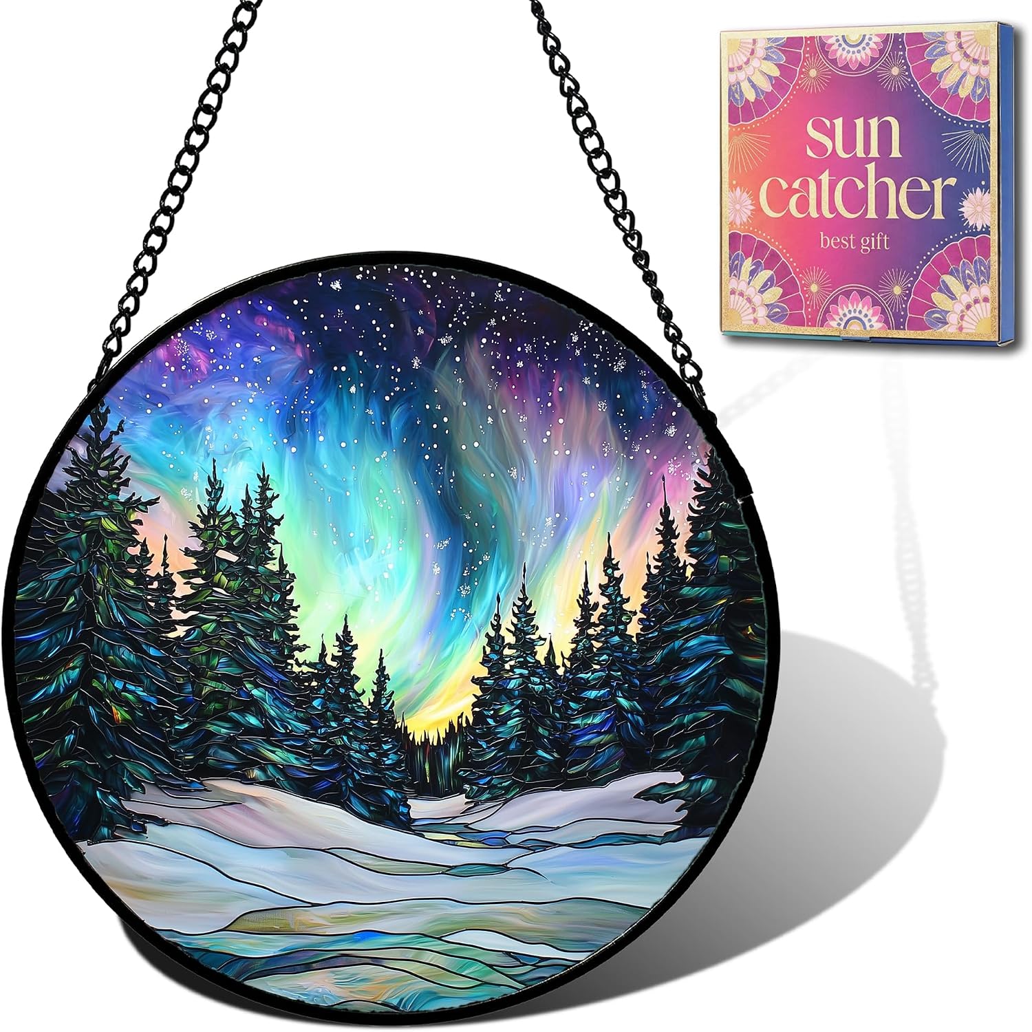 Northern Lights Acrylic Suncatcher Faux Stained Glass Window Hanging 6.3"