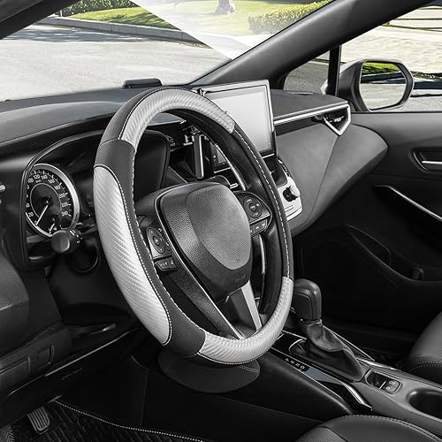 Miniatura 71 de SEG Direct Funda universal para volante de automóvil, de 15 pulgadas, piel de microfibra, color blanco y gris Negro y gris