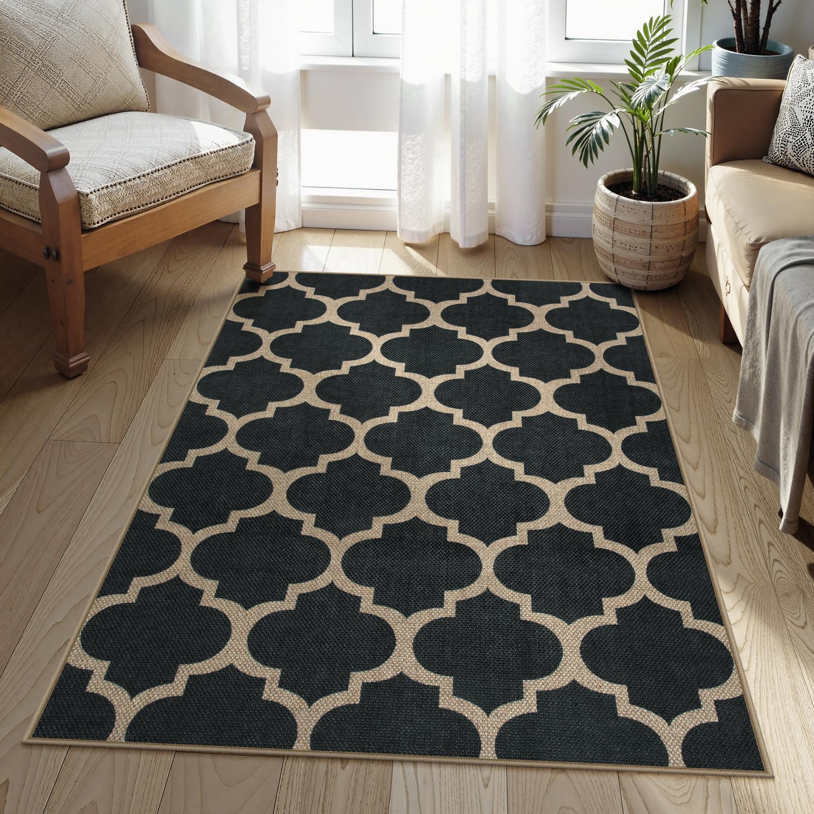 Lahome Moroccan 3x5 Outdoor Rug, Easy Jute Black Washable Rug for Entryway Front Porch, Geometric Trellis Woven Non Slip Door Mat for Entrance, Thin N