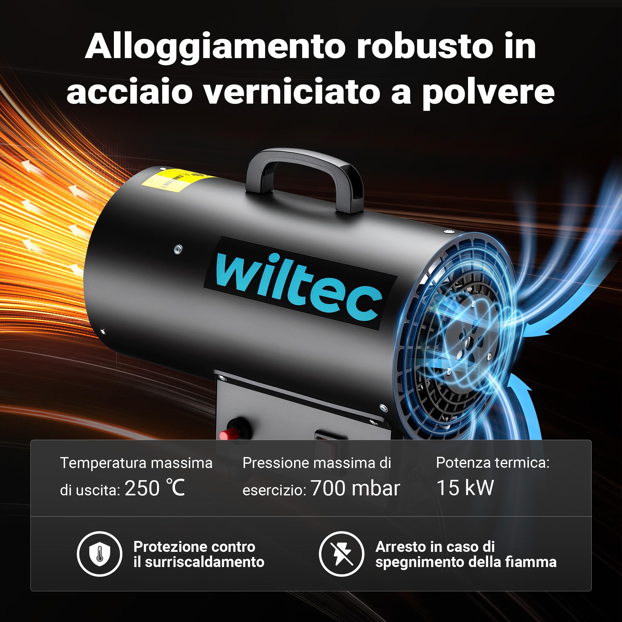 Wiltec Cannone aria calda a gas GPL, con avviamento piezoelettrico, regolatore e tubo 1,5 m, Generatore calore