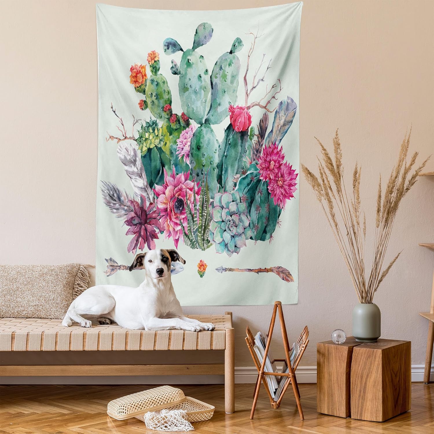 Ambesonne Cactus Tapestry, Spring Garden Boho Style Bouquet of Thorny Plants Blossoms Arrows Feathers, Wall Hanging for Bedroom Living Room Dorm Decor, 40" X 60", Rose Green Brown