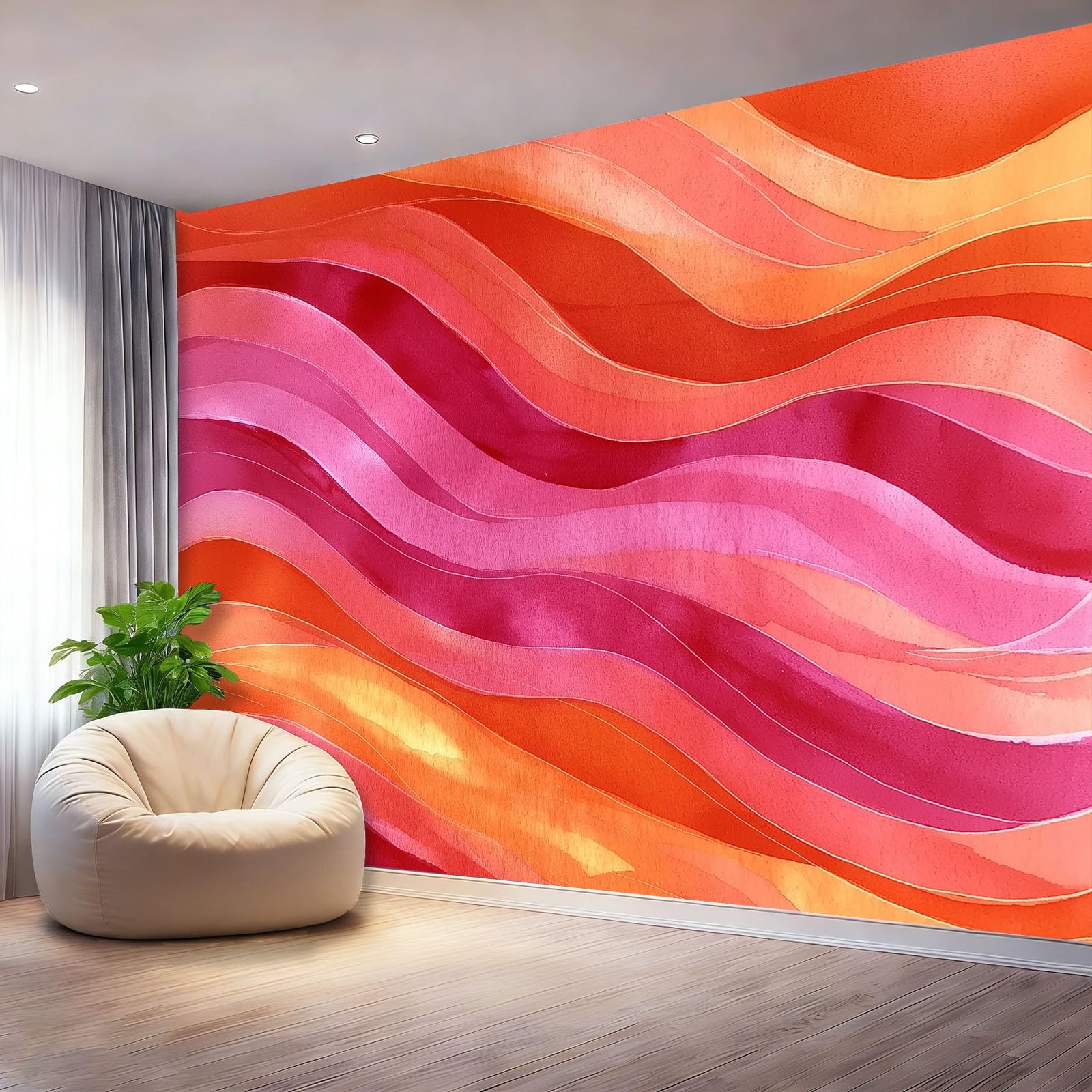Tapeta 3D z włókniny faliste linie abstrakcyjne akwarela 350 x 256 cm tapeta dekoracja ścienna do salonu sypialni, pomarańczowa czerwona