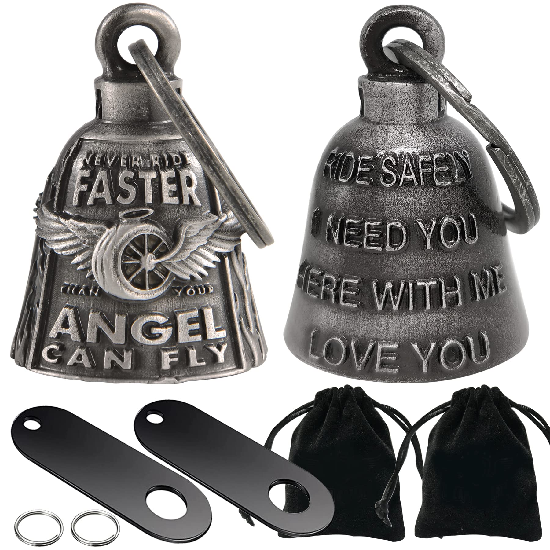 Dream Apparel 2 Pack Motorcycle Bells Guardian Angel for Biker Rider Men Women Ride Riding with Hangers, Drive Away Gremlins, Wing Wheel + Ride Safely & I Need You & Love You, One size โ image 1