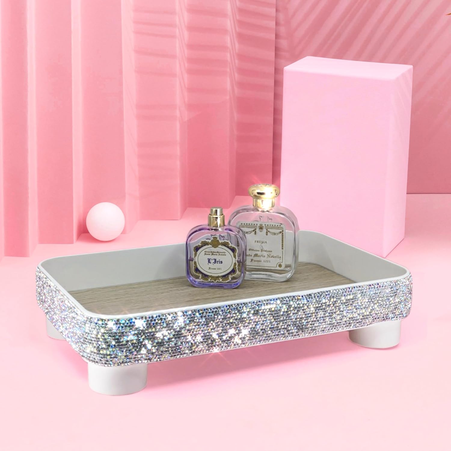 TISHAA Rhinestone Vanity Tray – Slim or Classic Type Sparkling Organizer for Makeup, Perfume, Jewelry, Skincare – Bling Decorative Tray for Vanity, Dresser, Bathroom, Glam Room (Classic Size)