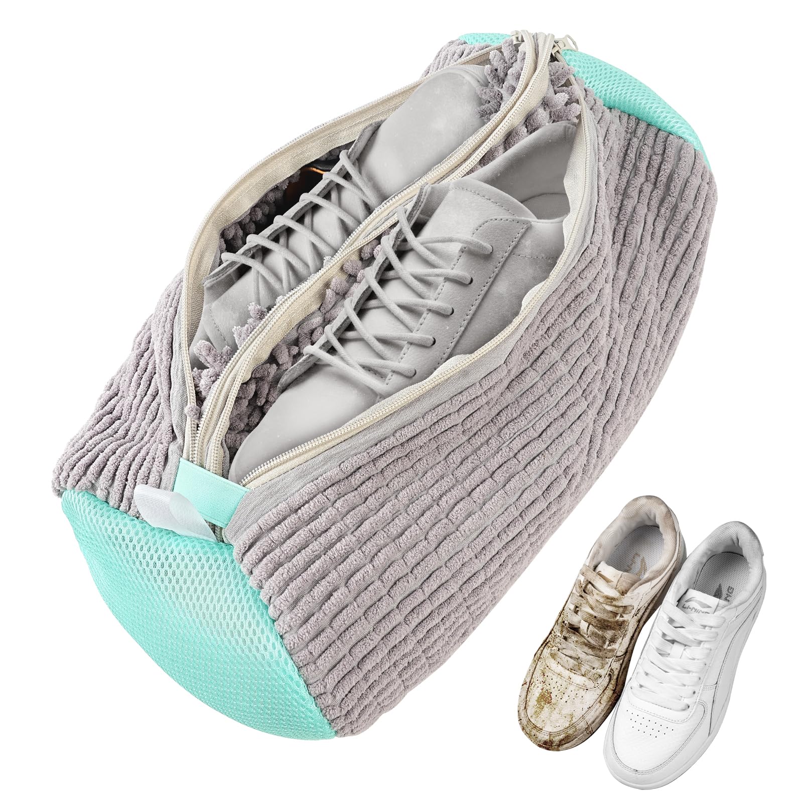 2-in-1 Shoe Washing Bag for Washing Machine – Dual Compartment Grey Laundry Bag, Reusable & Tear-Resistant for Trainers, Sneakers, Running Shoes (Wash 2 Shoes in 1 Bag)