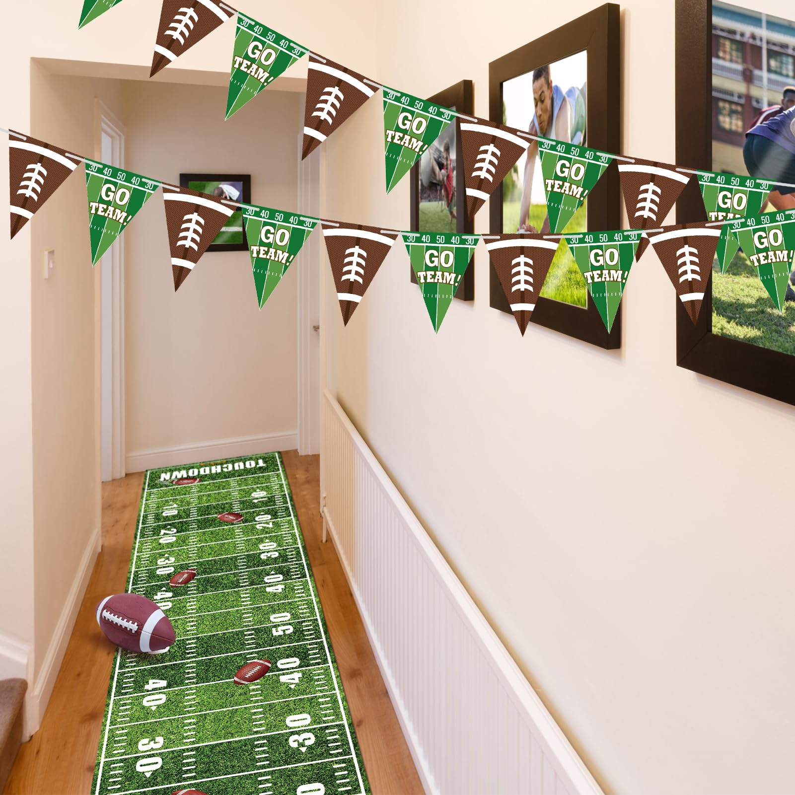 Fußball-Bodenläufer, 3 x 0,6 m, Fußball-Partyzubehör, Fußball-Party-Feldgangläufer, Fußball-Tischdecke, Touchdown-Bodenläufer für Spieltag, Party, Fußballfeld, Schild, Zubehör, 2 Packungen