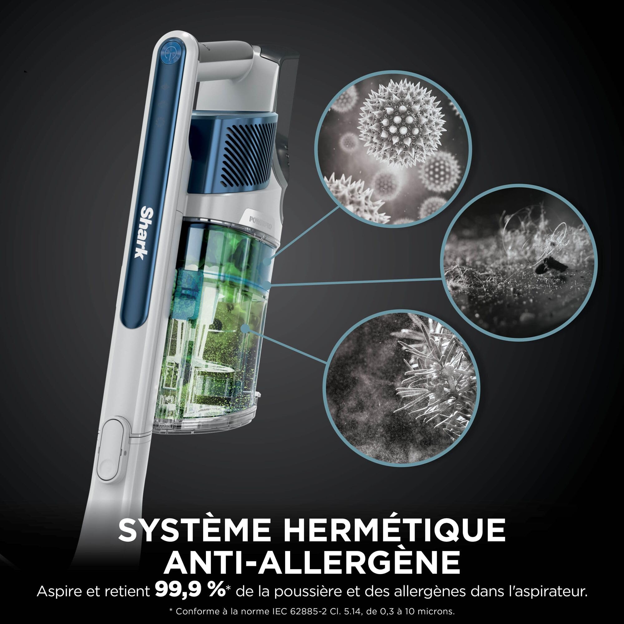 Shark PowerPro Aspirateur sans Fil, Technologie FloorDetect, Anti-emmêlement, Système Anti-allergène, Léger, Flexible, Mode Portatif, 50 Min d’autonomie, Bac à poussière XL, Bleu Métallisé IZ380EU