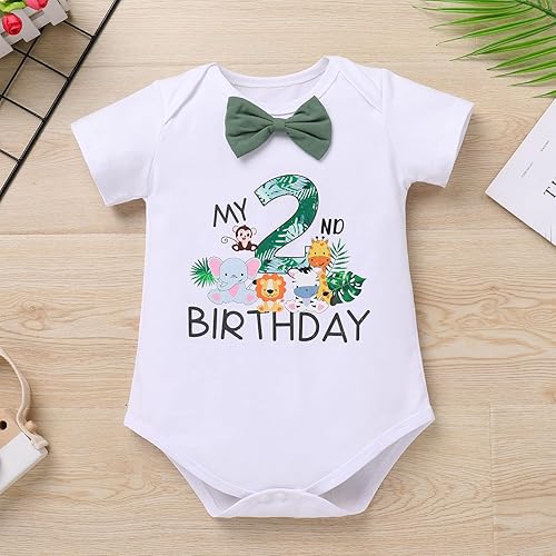 Miniatura 4 de IBTOM CASTLE Traje de 1er cumpleaños para bebé niño, mameluco de animales del bosque de la selva, bombachos y tirantes, 3 piezas, ropa para