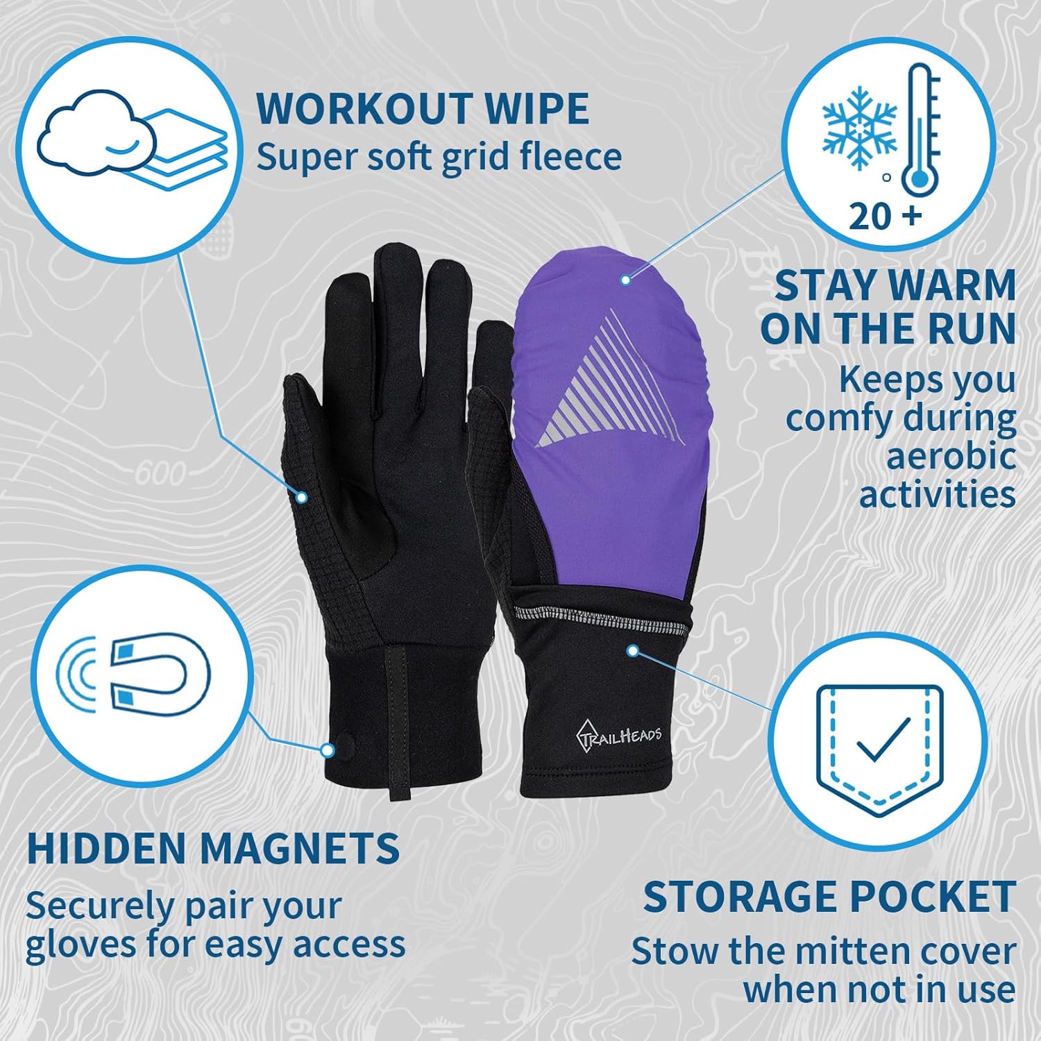 TrailHeads Womens Running Gloves Touchscreen Fingers & Convertible Waterproof Mitten Shell - for Winter, Reflective, Warm