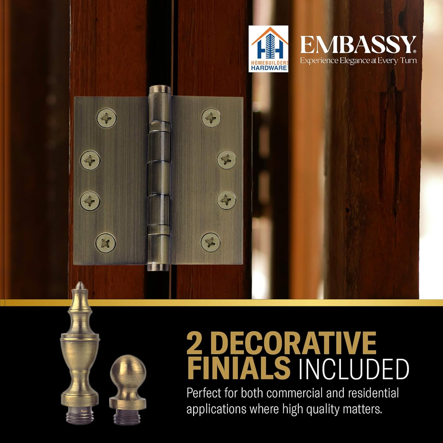 Black Friday Clearance Solid Brass Architectural Door Hinges – 2 Vintage Decorative Cap Mortise Hinges, Ball Bearings, and Stainless Steel Hinge Pin – Home Decor by Embassy, 4 x 4 in., Satin Brass