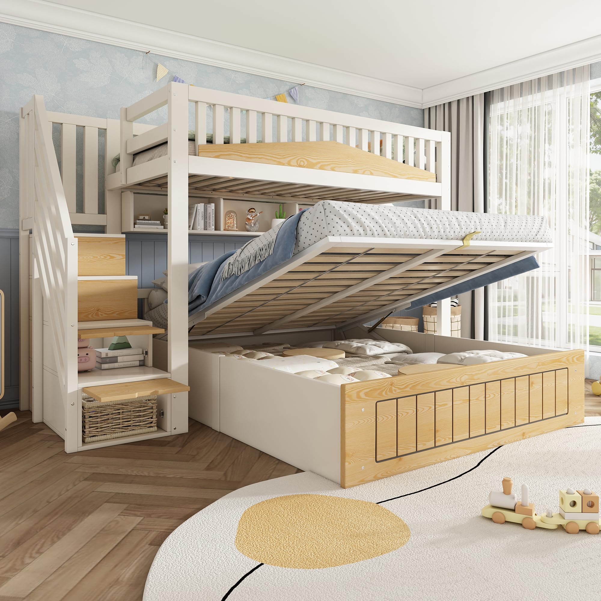 Letto a castello da 90 x 200 cm e 140 x 200 cm, con cassetto, letto per bambini con armadio a scale e ringhiere, letto inferiore con tre ripiani aperti, letto familiare in legno (bianco e
