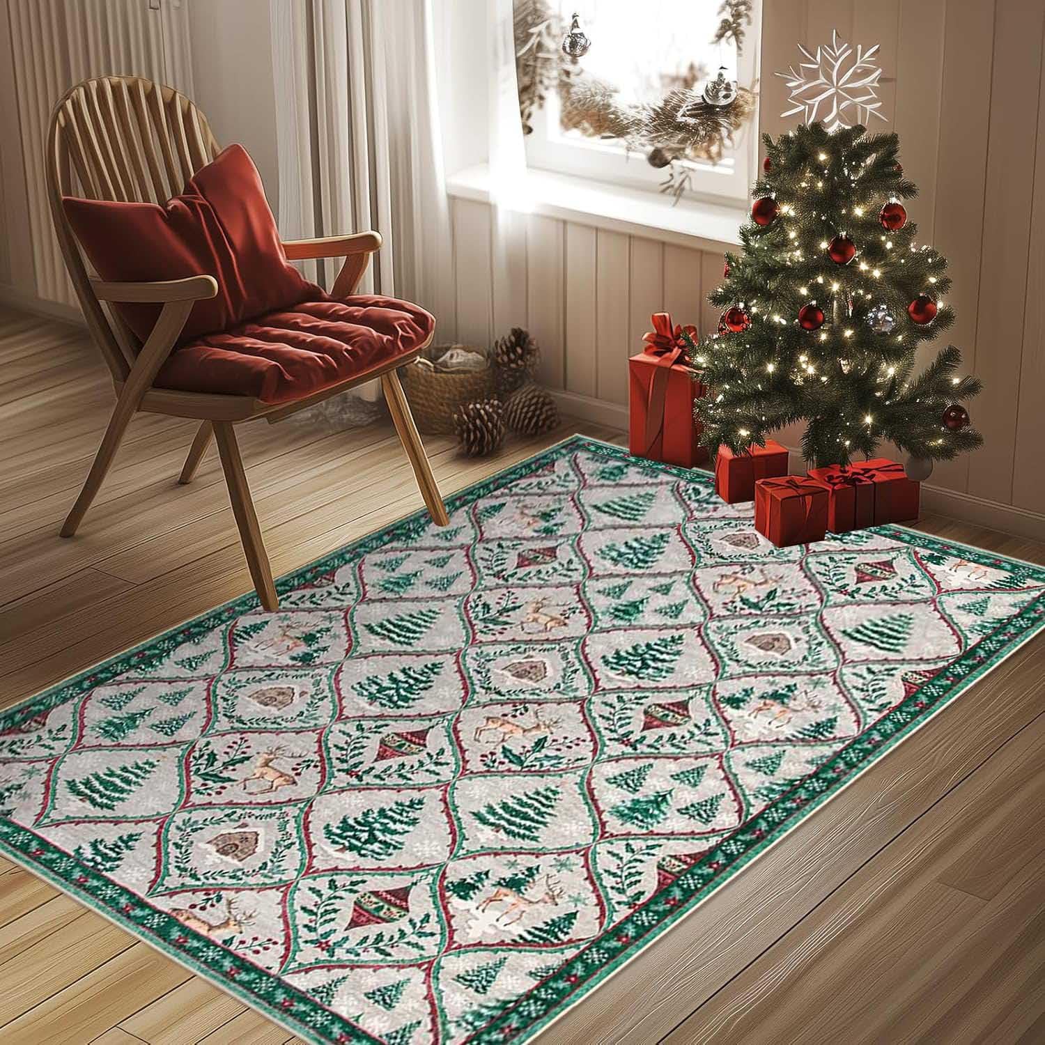 Alfombra Beige Salon Navideña,Alfombra Antideslizante Cocina de Navidad,con Diseño de Campana,Árbol de Navidad y Alce,Grande Alfombras Lavables para Dormitorio Comedor Entrada,B,80x120cm