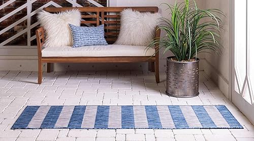 Miniatura 3 de Unique Loom Outdoor Striped Collection - Alfombra envejecida a rayas (2 x 6 pies 1 pulgada, alfombra de pasillo, azulgris)