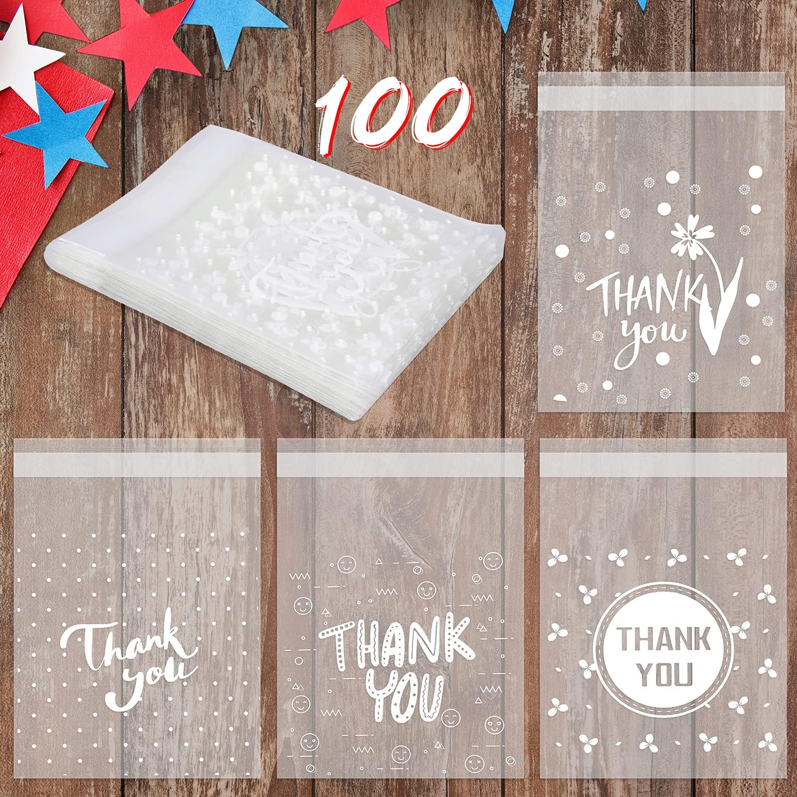 Konsait 100Count Thank You Cookie Candy Treat Bags Self-Adhesive Sweets Biscuit Dessert Plastic Bags Packaging Cellophane Gift Goody Bags for Bithday Summer Party Favors Supplies 3.9×5.1inch