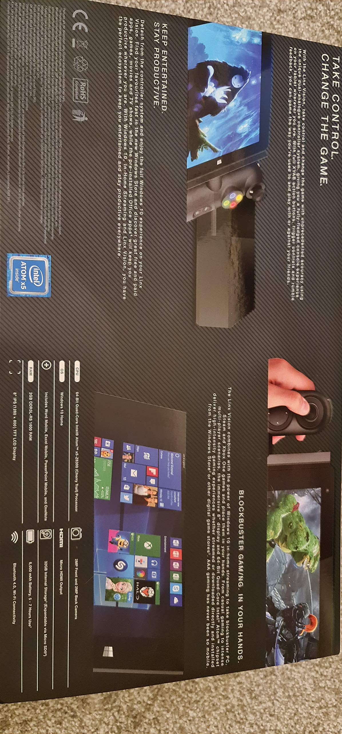 Linx Vision 8-inch Gaming Tablet Intel Atom x5-Z8300 1.44 GHz / 1.83 GHz Turbo Quad Core Processor, 2GB RAM, 32GB eMMC, Full XBOX Controls including Backlit, 5MP Rear and 2MP Front Camera