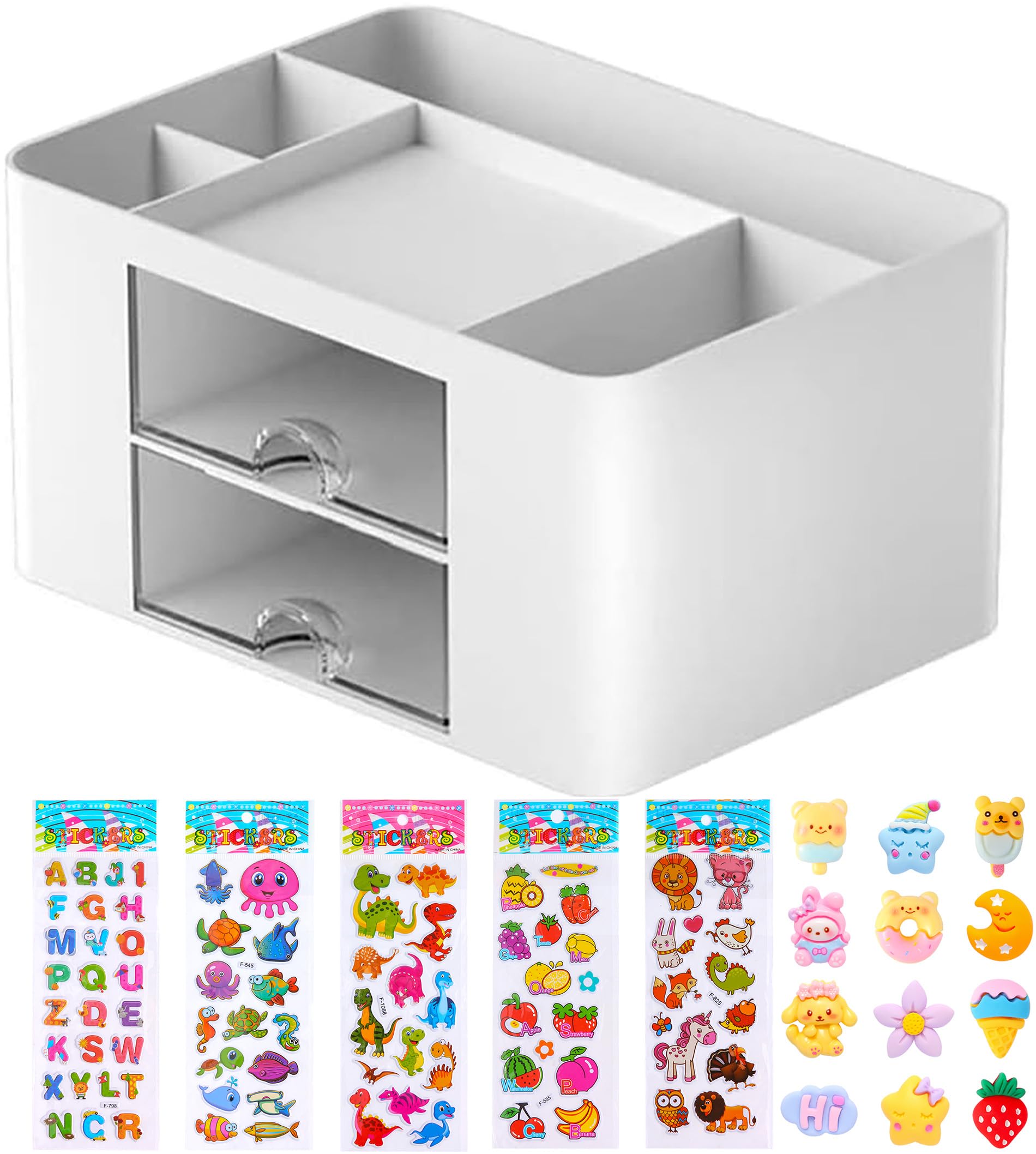 Lostwry Organizador Escritorio, Organizador de escritorio con cajón Plástico de Organizador Escritorio con 5 Compartments organizador de lápices para Hogar, Oficina y Escuela (Blanco)