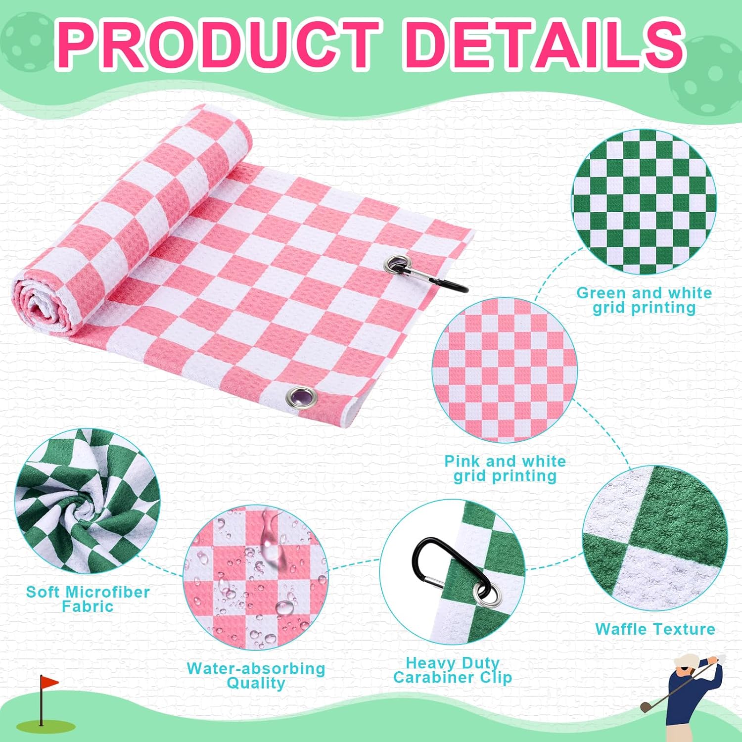 2 Pieces Funny Golf Towel Microfiber Embroidered Ball Towels for Women Ball Bags with Clips Accessories Waffle Pattern for Mother Golf Fan Birthday Gifts (Pink Green,Checkered Style) - Image 3