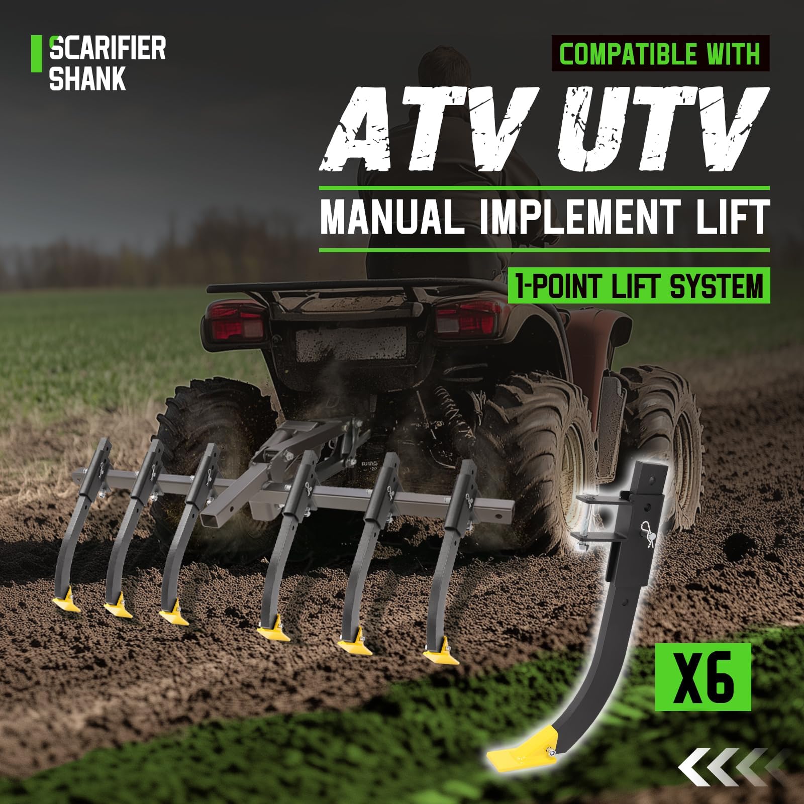 Wutist 6 Adjustable Scarifier Chisels Compatible with ATV/UTV Manual Implement Lift 1-Point Lift System Plow Implements Soil Loosening Shank Chisels for Field Preparation, Gardening, Landscaping
