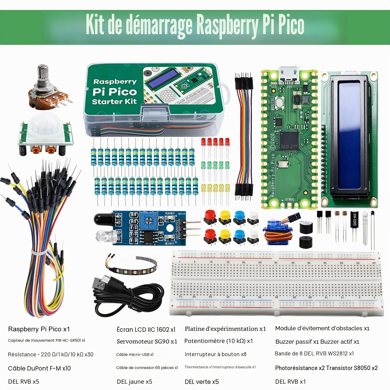 Kit de démarrage de base pour Raspberry Pi Pico, super kit de démarrage pour Raspberry Pi Pico, Raspberry avec breadboard, module d'affichage LCD 2C 1602, capteurs compatibles